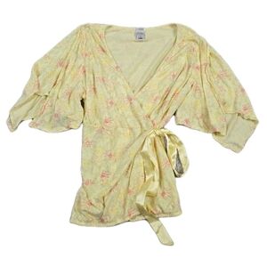Vintage Old Navy Yellow Floral Wrap Top XL Kimono Sleeves Coquette Boho Fairy